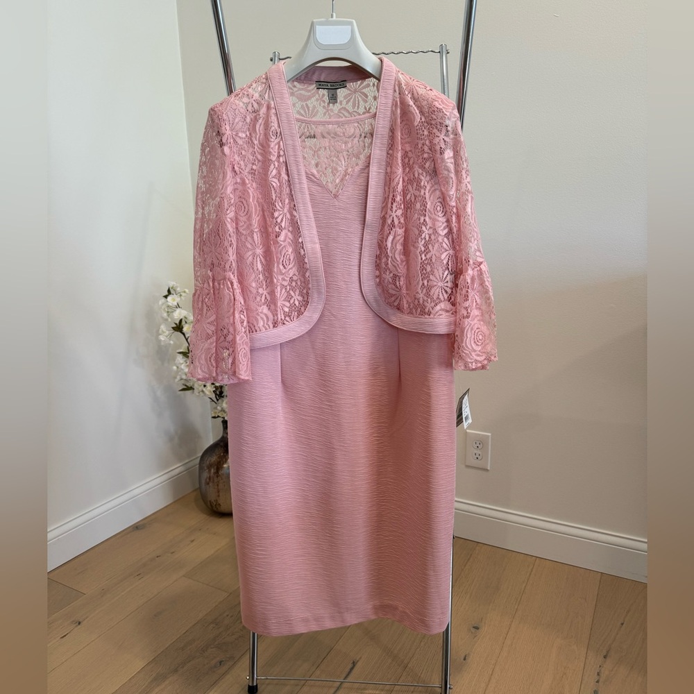 Maya Brooke Windowpane Mesh Lace Jacket and Knit Dress - Dusty Rose NWT